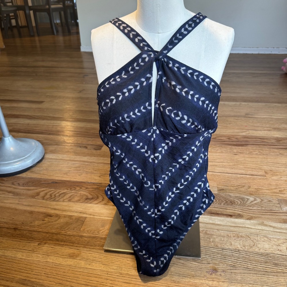 Robin Piccone Navy Blue Chevron Print Halter One Piece Swimsuit  Size 6 - Picture 3 of 7